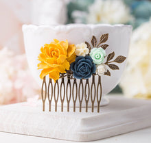 Load image into Gallery viewer, Bridal Hair Comb, Yellow Navy Blue Mint Wedding Hair Accessory, Romantic Garden Wedding Country Chic Floral Hair Piece, Bridesmaid Gift
