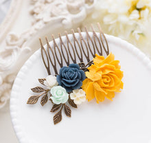 Load image into Gallery viewer, Bridal Hair Comb, Yellow Navy Blue Mint Wedding Hair Accessory, Romantic Garden Wedding Country Chic Floral Hair Piece, Bridesmaid Gift
