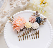 Load image into Gallery viewer, Bridal Hair Comb, Blush Pink Navy Blue Wedding Hair Comb, Leaf Branch Rose Floral Hair Piece, Country Wedding Garden Wedding Hair Accessory
