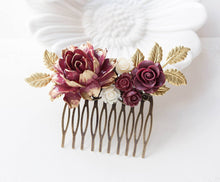 Load image into Gallery viewer, Burgundy Maroon Marsala Dark Red Rose Flower Hair Comb with Gold Leaf Branches, Bridal Hair Comb, Wedding Hair Comb, Large Hair Slide
