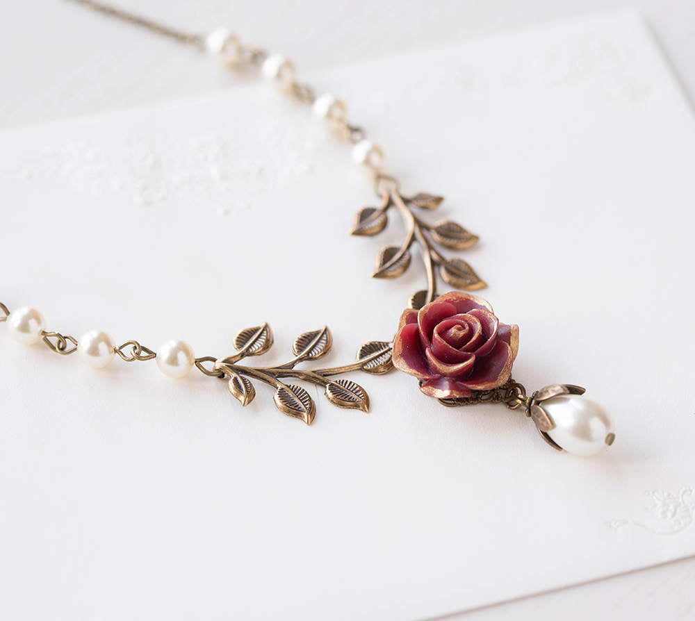 Dark Red Rose Flower Brass Leaf Cream White Pearl Necklace, Gold Maroon Marsala Burgundy Bridal Necklace, Woodland Garden Wedding Jewelry