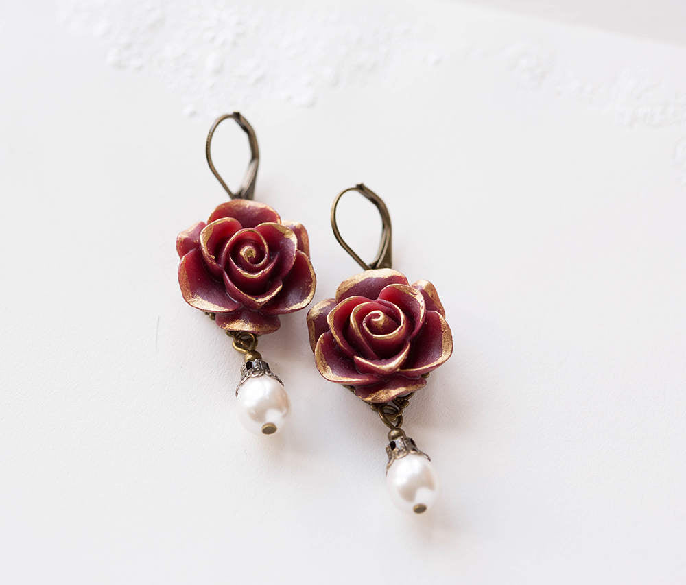 Dark Red Burgundy Rose Cream White Pearl Earrings, Burgundy Marsala Maroon Wedding Bridal Earrings, Bridesmaid Earrings, Bridesmaid Gift