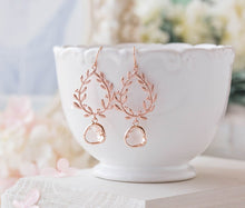 Load image into Gallery viewer, Rose Gold Laurel Wreath Earrings with Peach Champagne Glass Drops, Rose Gold Wedding Bridal Earrings, Bridesmaid Gift, Rose Gold Jewelry
