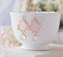 Load image into Gallery viewer, Rose Gold Laurel Wreath Earrings with Clear Crystal Glass Drops, Rose Gold Wedding Bridal Earrings, Bridesmaid Gift, Rose Gold Jewelry
