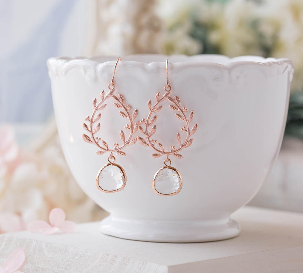 Rose Gold Laurel Wreath Earrings with Clear Crystal Glass Drops, Rose Gold Wedding Bridal Earrings, Bridesmaid Gift, Rose Gold Jewelry