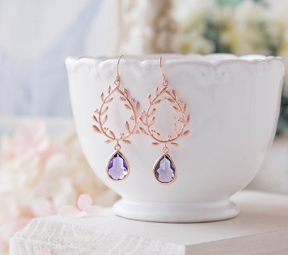 Rose Gold Amethyst Purple Crystal Earrings, Rose Gold Wedding Bridal Earrings, Purple Wedding Jewelry, Bridesmaid Gift, Laurel Wreath