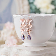 Load image into Gallery viewer, rose gold flower earrings with purple crystals
