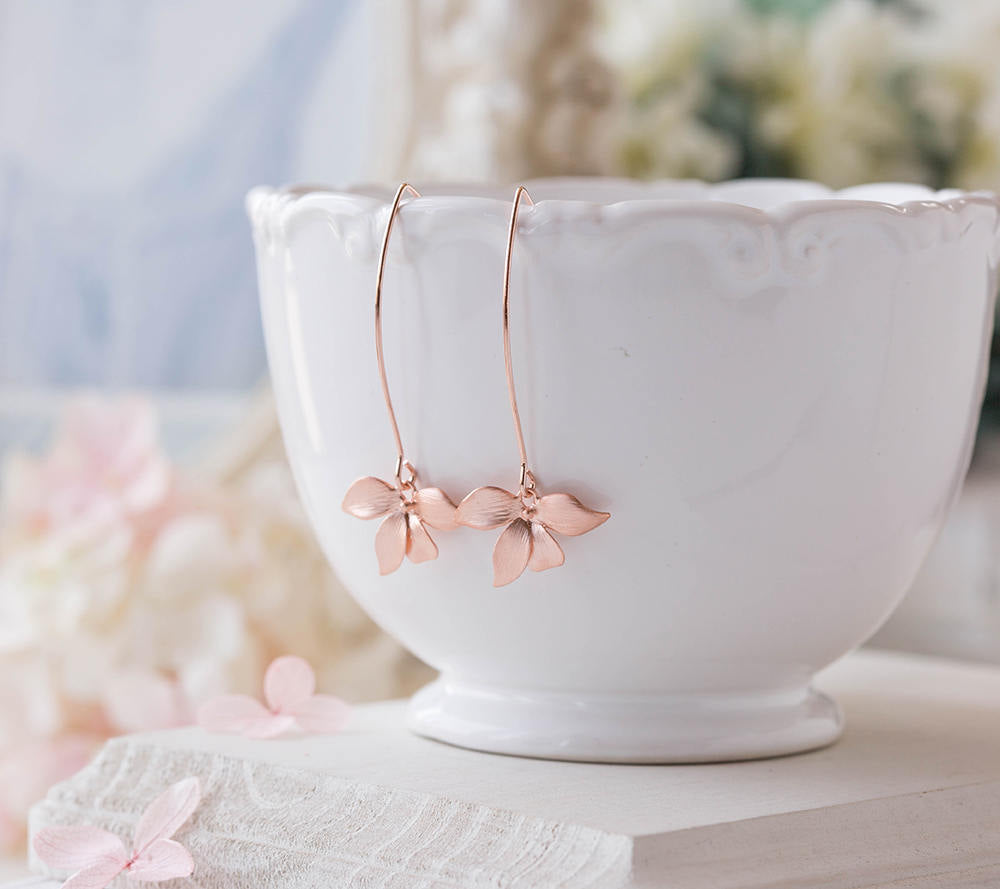 Rose Gold Orchid Flower Long Dangle Earrings. Rose Gold Wedding Bridal Earrings, Bridesmaid Earrings, Maid of Honor Gift, Gift for her