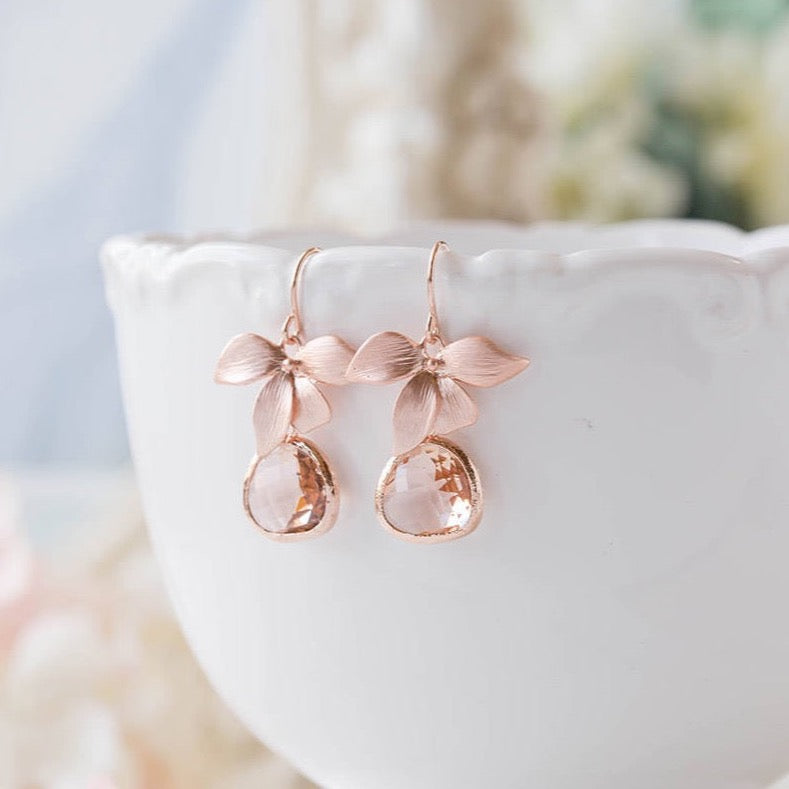 Peach Champagne Crystal Rose Gold Orchid Flower Earrings