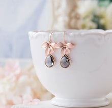 Load image into Gallery viewer, Gray Glass Teardrop Rose Gold Orchid Flower Dangle Earrings, Rose Gold Jewelry, Bridesmaid Gift, Birthday Gift for wife, Gift for Mom,
