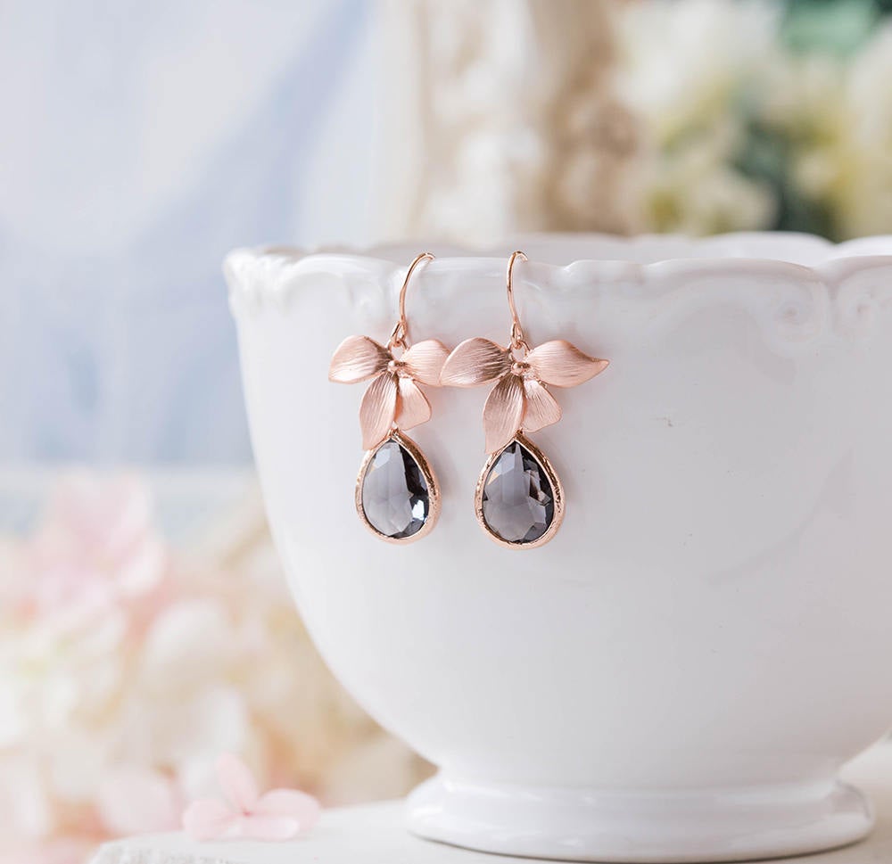 Gray Glass Teardrop Rose Gold Orchid Flower Dangle Earrings, Rose Gold Jewelry, Bridesmaid Gift, Birthday Gift for wife, Gift for Mom,