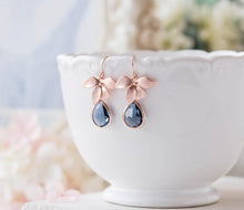 Load image into Gallery viewer, Rose Gold Navy Blue Sapphire Blue Teardrop Crystal Earrings, Rose Gold Wedding Bridal Earrings, Navy Blue Wedding Jewelry, Bridesmaid Gift
