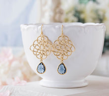 Load image into Gallery viewer, Navy Blue Crystal Gold Celtic Knot Earrings, sapphire jewelry, Infinity Earrings, Bridesmaid gift, Wedding Jewelry, September birthstone
