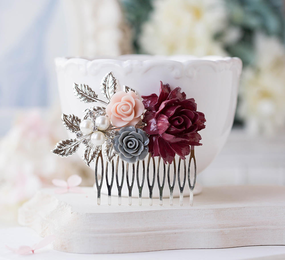 Silver Bridal Hair Comb Maroon Burgundy Dark Red Wedding Hair Comb Red Gray Dusty Pink Flower Pearl Rhinestone Fall Autumn Wedding Comb