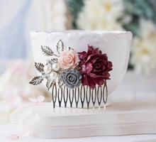 Load image into Gallery viewer, Silver Bridal Hair Comb Maroon Burgundy Dark Red Wedding Hair Comb Red Gray Dusty Pink Flower Pearl Rhinestone Fall Autumn Wedding Comb
