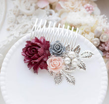 Load image into Gallery viewer, Silver Bridal Hair Comb Maroon Burgundy Dark Red Wedding Hair Comb Red Gray Dusty Pink Flower Pearl Rhinestone Fall Autumn Wedding Comb
