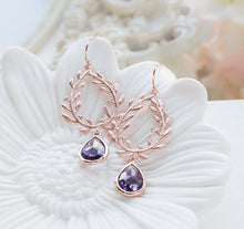 Load image into Gallery viewer, Rose Gold Amethyst Purple Crystal Earrings, Rose Gold Wedding Bridal Earrings, Purple Wedding Jewelry, Bridesmaid Gift, Laurel Wreath
