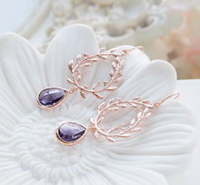 Load image into Gallery viewer, Rose Gold Amethyst Purple Crystal Earrings, Rose Gold Wedding Bridal Earrings, Purple Wedding Jewelry, Bridesmaid Gift, Laurel Wreath
