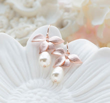 Load image into Gallery viewer, Rose Gold Bridal Earrings, Orchid Flower Cream White Teardrop Pearl Earrings, Rose Gold Wedding Jewelry, Bridesmaid Gift, Maid of Honor Gift
