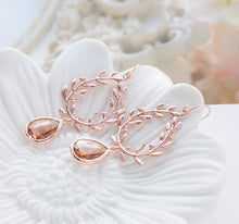 Load image into Gallery viewer, Rose Gold Earrings, Wedding Bridal Earrings, Peach Champagne Crystal Teardrop Laurel Wreath Dangle Earrings, Bridesmaid Gift
