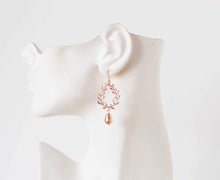 Load image into Gallery viewer, Peach Wedding Earrings, Rose Gold Bridal Earrings, Laurel Wreath Peach Pearl Earrings, Bridesmaid Gift, Maid of Honor Gift, Gift for her
