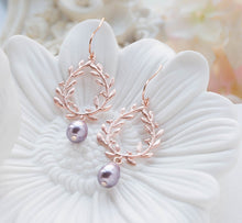 Load image into Gallery viewer, Rose Gold Lavender Purple Pearl Earrings, Rose Gold Wedding Bridal Earrings, Bridesmaid Earrings, Laurel Wreath Earrings, Rose Gold Jewelry
