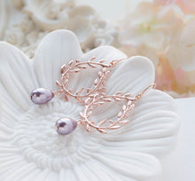 Load image into Gallery viewer, Rose Gold Lavender Purple Pearl Earrings, Rose Gold Wedding Bridal Earrings, Bridesmaid Earrings, Laurel Wreath Earrings, Rose Gold Jewelry
