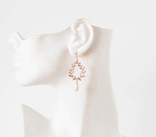 Load image into Gallery viewer, Rose Gold Bridal Earrings, Bridesmaid Earrings, Rose Gold Wedding Jewelry, Cream White Pearls Leaf Laurel Wreath Earrings, Bridesmaids Gift
