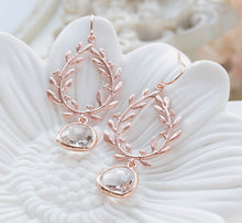 Load image into Gallery viewer, Rose Gold Laurel Wreath Earrings with Clear Crystal Glass Drops, Rose Gold Wedding Bridal Earrings, Bridesmaid Gift, Rose Gold Jewelry
