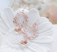 Load image into Gallery viewer, Rose Gold Laurel Wreath Earrings with Peach Champagne Glass Drops, Rose Gold Wedding Bridal Earrings, Bridesmaid Gift, Rose Gold Jewelry
