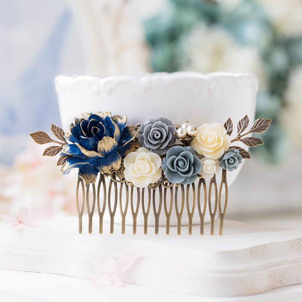 Navy Blue Wedding Hair Comb, Navy Blue Bridal Comb, Large Gold Dark Blue Gray Dusty Blue Ivory Rose Flower Antique Gold Leaf Hair Piece