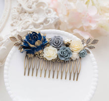 画像をギャラリービューアに読み込む, Navy Blue Wedding Hair Comb, Navy Blue Bridal Comb, Large Gold Dark Blue Gray Dusty Blue Ivory Rose Flower Antique Gold Leaf Hair Piece
