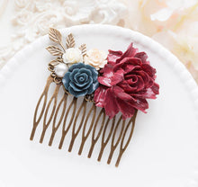 Load image into Gallery viewer, Maroon Marsala Dark Red Burgundy Navy Blue Dark Blue Hair Comb, Wedding Hair Accessory, Leaf Flower Bridal  Hair Comb, Bridesmaid Gift
