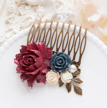 Load image into Gallery viewer, Maroon Marsala Dark Red Burgundy Navy Blue Dark Blue Hair Comb, Wedding Hair Accessory, Leaf Flower Bridal  Hair Comb, Bridesmaid Gift
