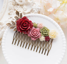 Load image into Gallery viewer, Wedding Hair Comb, Bridal Hair Comb,Dark Red Sage Green Dusty Pink Ivory Flower Hair Comb, Fall Wedding Hair Accessory, Bridal Hairpiece
