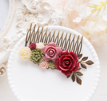 Load image into Gallery viewer, Wedding Hair Comb, Bridal Hair Comb,Dark Red Sage Green Dusty Pink Ivory Flower Hair Comb, Fall Wedding Hair Accessory, Bridal Hairpiece
