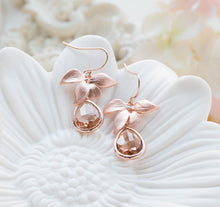 Load image into Gallery viewer, Rose Gold Earrings, Peach Champagne Crystal Orchid Flower Dangle Earrings, wedding jewelry, Peach wedding bridal earrings, bridesmaid gift
