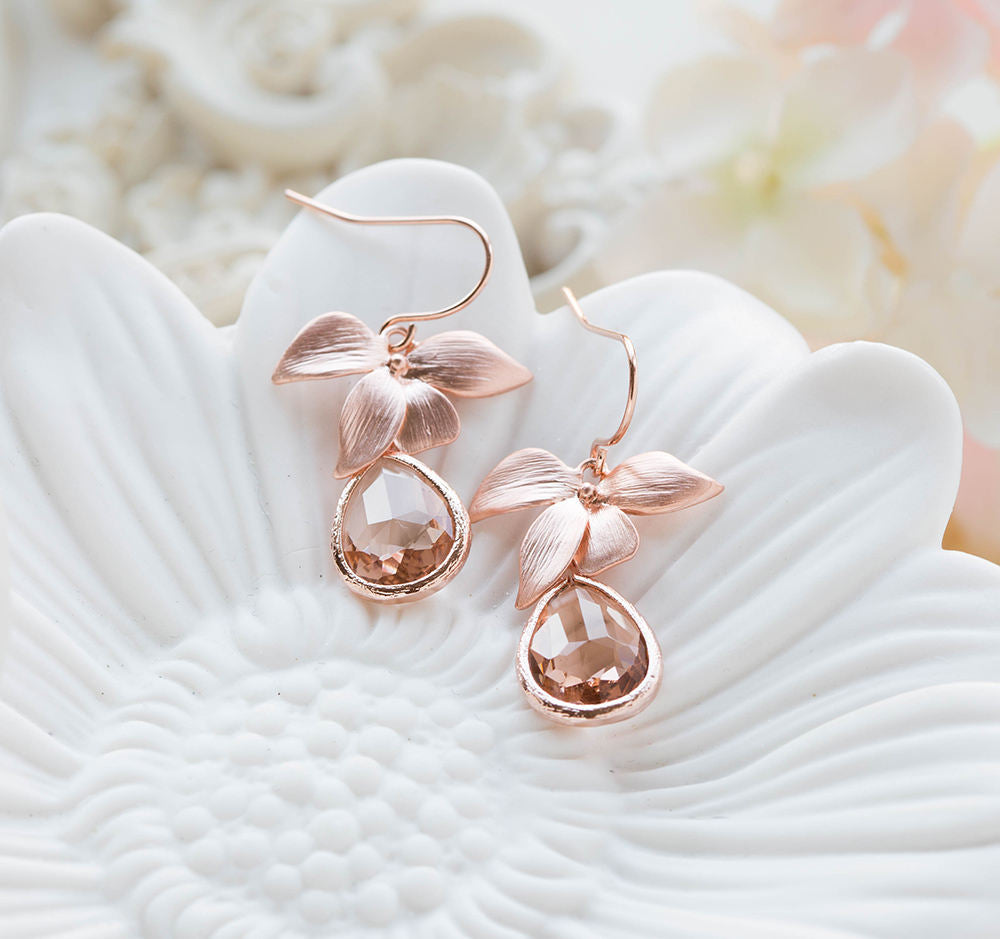 Rose Gold Earrings, Peach Champagne Crystal Orchid Flower Dangle Earrings, wedding jewelry, Peach wedding bridal earrings, bridesmaid gift