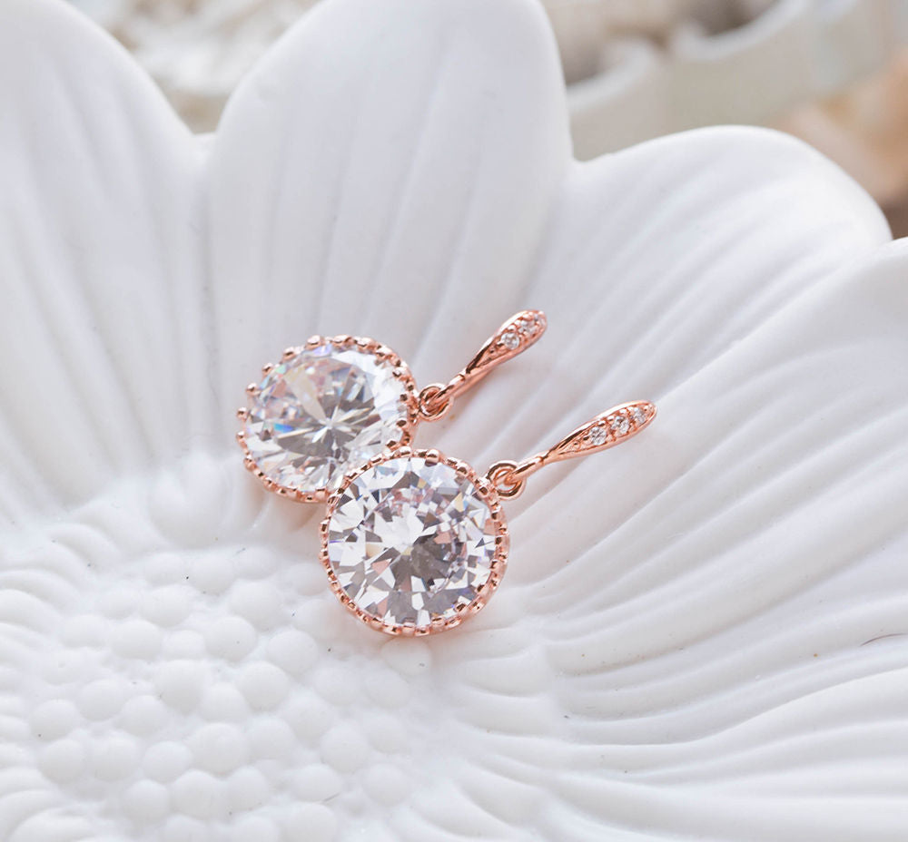 Rose Gold Bridal Earrings Wedding Jeweley Clear Crystal Round Cubic Zirconia Earrings Bridesmaid Earrings Bridesmaid