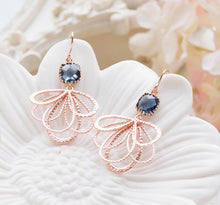 Load image into Gallery viewer, Navy Blue Rose Gold Earrings, Sapphire Blue Glass Stones Chandelier Earrings, Bridesmaid Gift, Wedding Jewelry, September Birthstone
