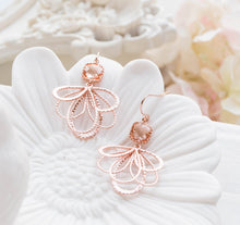 Load image into Gallery viewer, Peach Champagne Rose Gold Dangle Earrings, Peach Wedding Bridal Earrings, Bridesmaid Earrings, Rose Gold Wedding Earrings, Bridesmaid Gift
