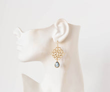 Load image into Gallery viewer, Navy Blue Crystal Gold Celtic Knot Earrings, sapphire jewelry, Infinity Earrings, Bridesmaid gift, Wedding Jewelry, September birthstone
