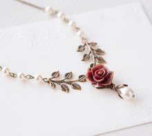 Load image into Gallery viewer, Dark Red Rose Flower Brass Leaf Cream White Pearl Necklace, Gold Maroon Marsala Burgundy Bridal Necklace, Woodland Garden Wedding Jewelry
