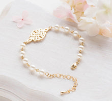 Load image into Gallery viewer, Bridal Bracelet, Gold Celtic Knot Swarovski Cream White Pearls Adjustable Bracelet. Wedding Bracelet, Bridesmaid Bracelet, Bridesmaid Gift
