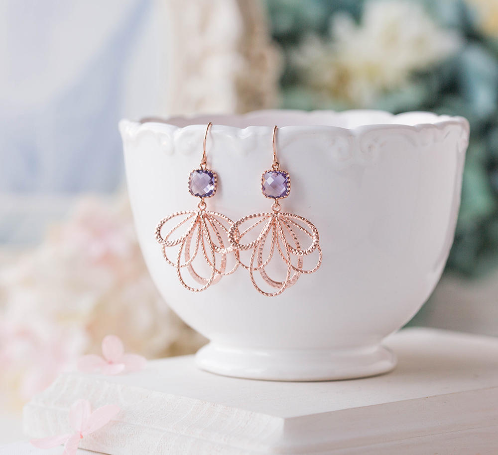 Purple Earrings, Purple Wedding Jewelry, Rose Gold Earrings, Bridesmaid Earrings, Bridesmaid Gift, Rose Gold Jewelry, February Birthday Gift