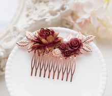 Load image into Gallery viewer, Rose Gold Comb, Burgundy Wedding Hair Accessory, Maroon Bridal Hair Comb, Dark Red Blush Pink, Bridal Hairpiece, Fall Winter Wedding Comb
