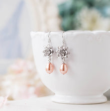 Load image into Gallery viewer, Silver Lotus Flower Peach Teardrop Pearl Earrings, Silver Bridal Earrings, Peach Wedding Jewelry, Bridesmaid Gift, Bridesmaid Earrings
