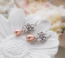 Load image into Gallery viewer, Silver Lotus Flower Peach Teardrop Pearl Earrings, Silver Bridal Earrings, Peach Wedding Jewelry, Bridesmaid Gift, Bridesmaid Earrings
