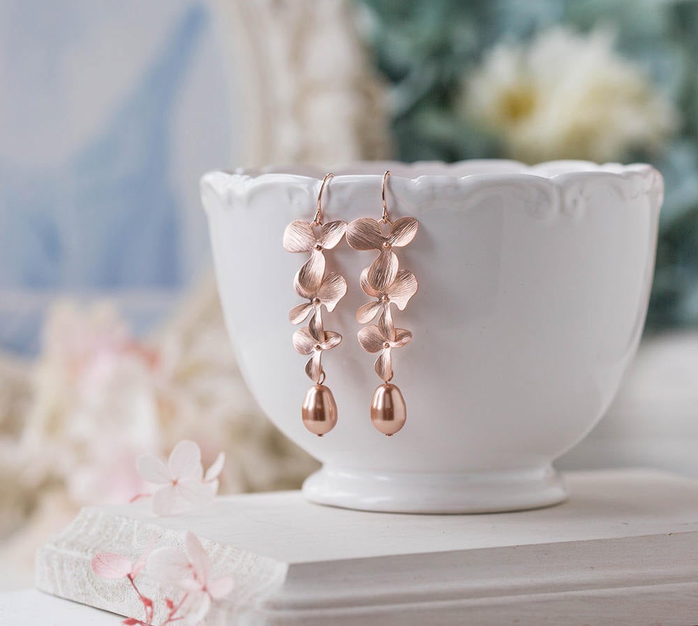 Rose Gold Pearl Earrings Bridal Earrings, Wedding Jewelry, Bridesmaid Gift, Orchid Flower Long Dangle Earrings, Maid of Honor Gift