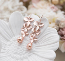 Load image into Gallery viewer, Rose Gold Pearl Earrings Bridal Earrings, Wedding Jewelry, Bridesmaid Gift, Orchid Flower Long Dangle Earrings, Maid of Honor Gift
